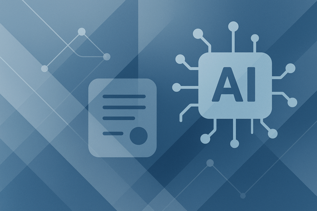 a blue background with an ai chip and a piece of paper